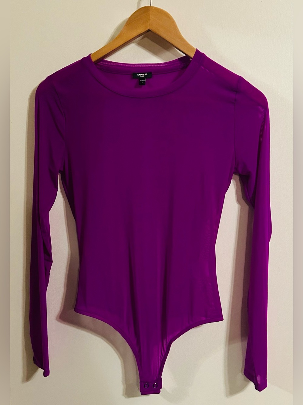 Express Long-Sleeve Sheer Bodysuit in Vivid Purple Sz S
